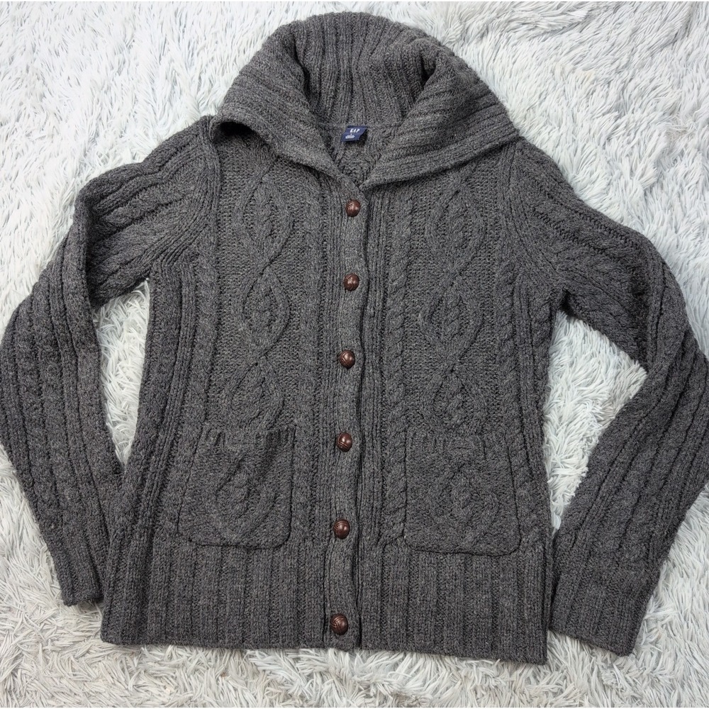 Vintage Gap Sweater Womens L Gray Wool Blend Cardigan Button Up Cozy Grandma